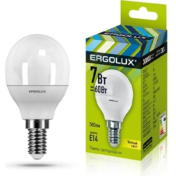 Лампа ERGOLUX диод. LED7 E14 7вт шар G45 К3 (830)