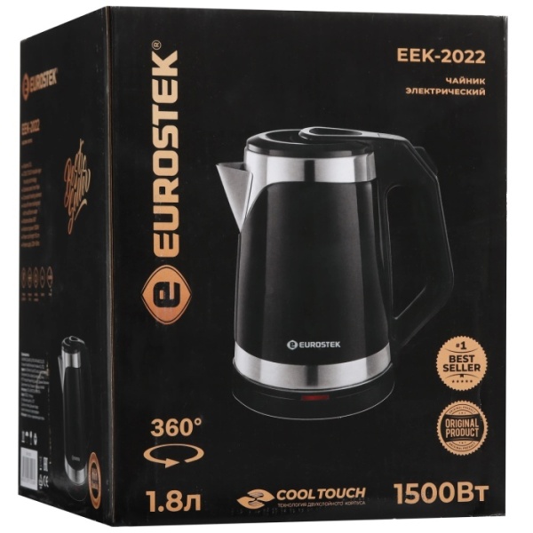 5. Чайник EUROSTEK ЕЕК-2022 1.8л,1.5кВт, 2-хслойный корпус, черный