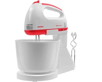 Миксер с чашей Centek CT-1113 (белый/красный) 170Вт, 6 скоростей+турбо, взбивание/замешивание