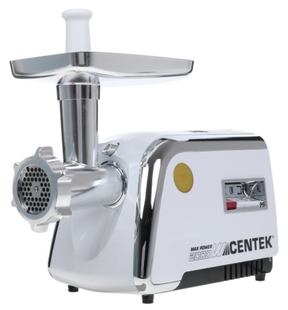 1. Мясорубка Centek CT-1602 Juice 2000W, Соковыж., нож+диски (2 шт) из литой стали, реверс (белый-хром)