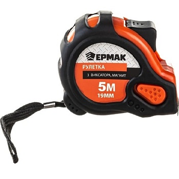 Рулетка 5м Магнит 3 фиксатора, обрезиненный корпус Ермак