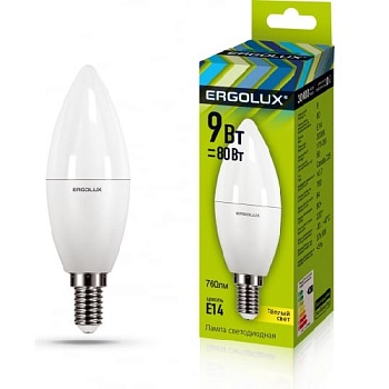 Лампа ERGOLUX диод. LED9 E14 9вт свеча С35 дневной (865)