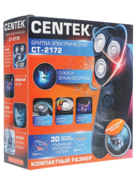 3. Бритва Centek CT-2172 3D, +ВЛАЖНОЕ БРИТЬЁ, 3 плав.головки, 2-ные лезвия, до 50 мин раб