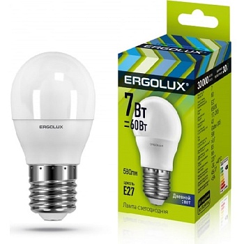 Лампа ERGOLUX диод. LED7 E27 7вт шар G45 К6 (865)