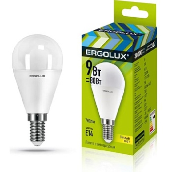 Лампа ERGOLUX диод. LED9 E14 9вт шар G45 дневной (865)