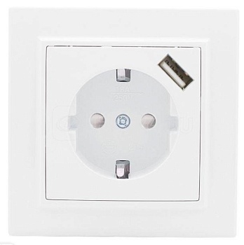 Розетка 1-м СП Минск 16А IP20 с заземл. защ. шторки с заряд. устройством USB 1А бел. EKF ERR16-028-1