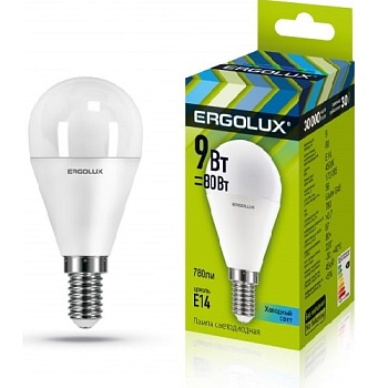 Лампа ERGOLUX диод. LED9 E14 9вт шар G45 холод (845)
