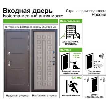 Дверь стальная ISOTERMA (с терморазрывом) мед. ант./мокко 86L