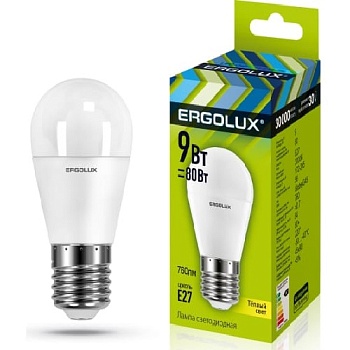 Лампа ERGOLUX диод. LED9 E27 9вт шар G45 тепл (830)