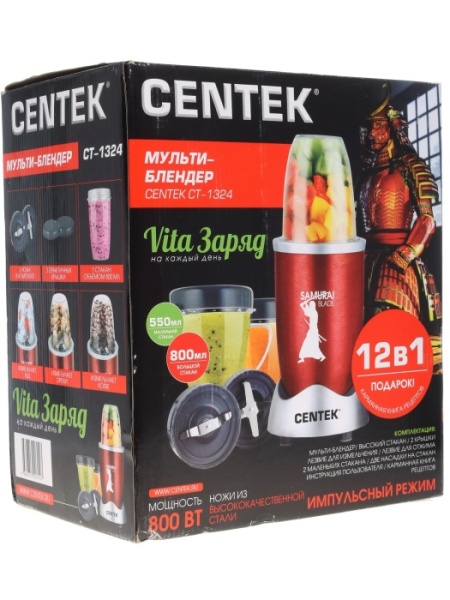 3. Мульти-блендер Centek CT-1324 800 Вт, 12 ПРЕДМЕТОВ, стаканы 800 и 500 мл, 2 ножа,