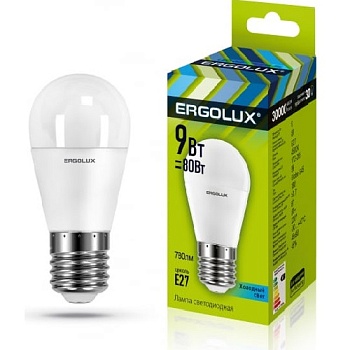 Лампа ERGOLUX диод. LED9 E27 9вт шар G45 хол (845)