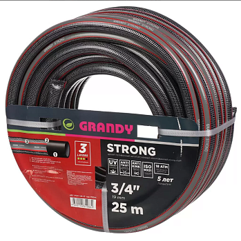 Шланг 25м, 3/4 '', 19 мм, 18 атм, армированный, 3 слоя, Grandy, Strong, ПВХ, PGH-19E-25
