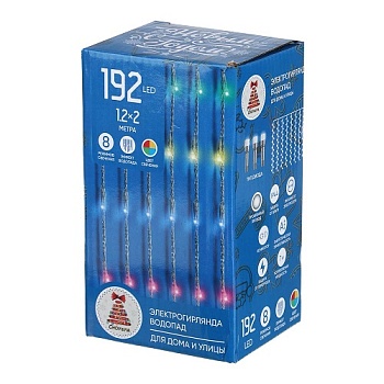 Гирлянда эл. водопад 192LED, 1,2х2м, 8 нитей, мультицвет, 8 реж, прозр.провод, 220В