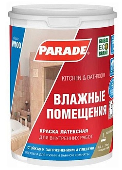 Краска латексная бесцветная "С" Влажн.помещения 0,9л PARADE W100