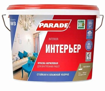 Краска акриловая влагостойкая белая матовая 9л Parade W3
