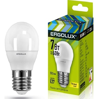 Лампа ERGOLUX диод. LED7 E27 7вт шар G45 тепл.(830)