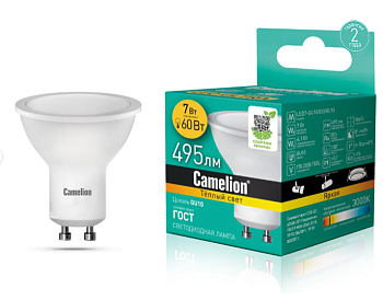 Лампа Camelion диод.GU10 LED7 7вт 830 тепл
