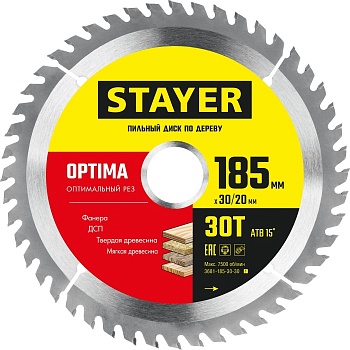 Круг пильный STAYER по дереву 185х30/20мм 30Т