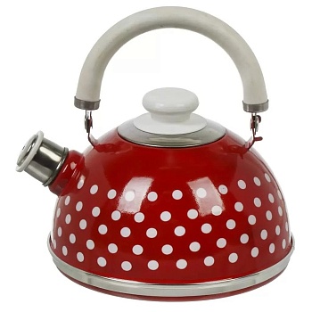 Чайник сталь, эмалированное покрытие, 2.5 л, со свистком, подвижная ручка, Рубин, Белые горохи, борд