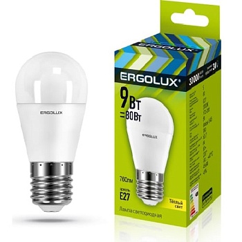 Лампа ERGOLUX диод. LED9 E27 9вт шар G45 К6 (865)