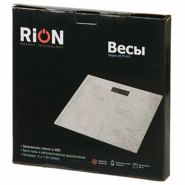 3. Весы напольные электронные, Rion, PT-973, стекло, до 180 кг, LCD-дисплей